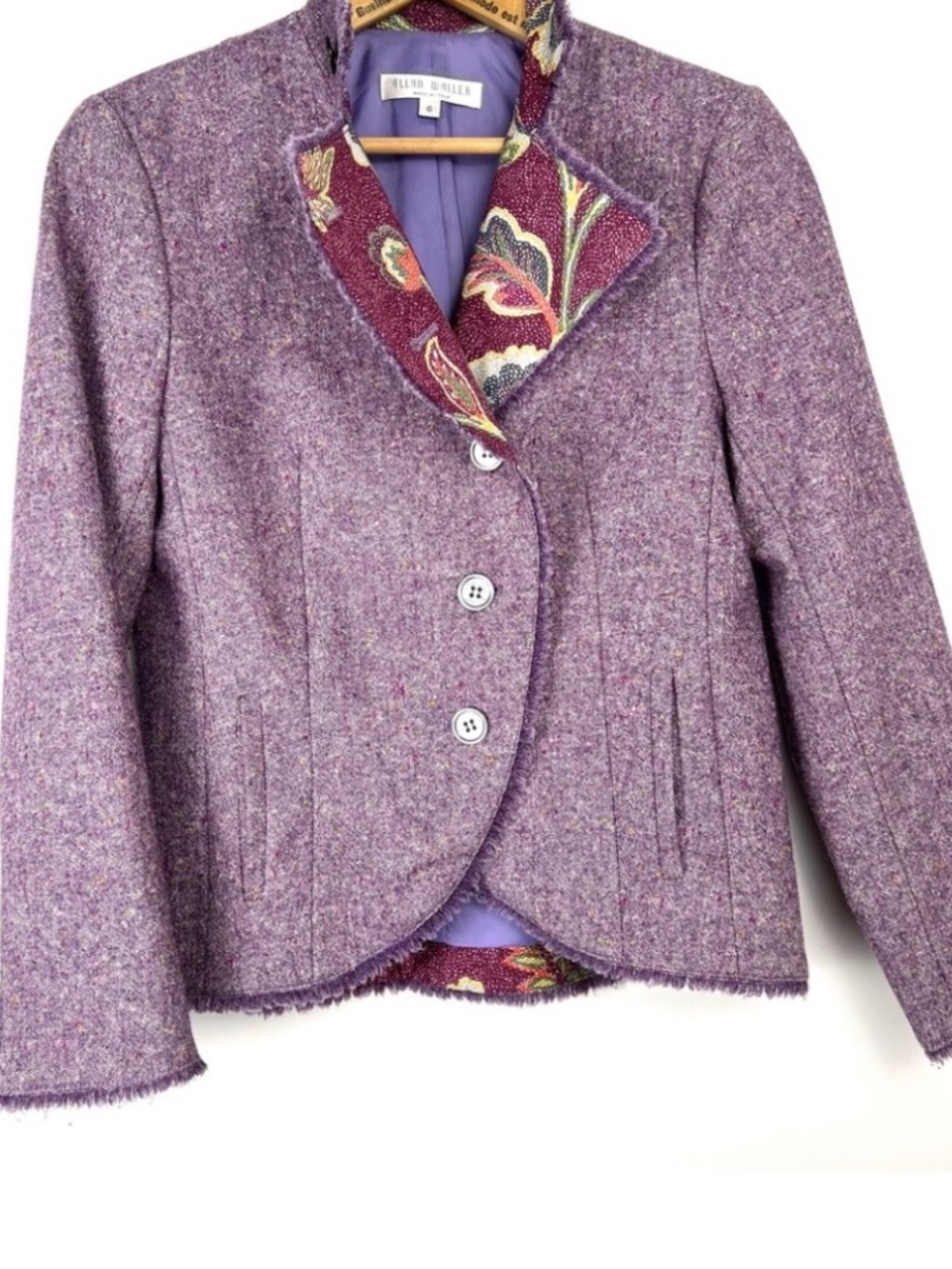Allan Waller Made in Italy Wool Blend Blazer size 6 Orchid Tweed Floral Lining